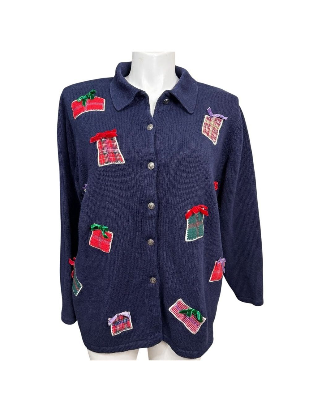 Liz & Me Navy Christmas Gift Appliqué Sweater Women’s Size 1X